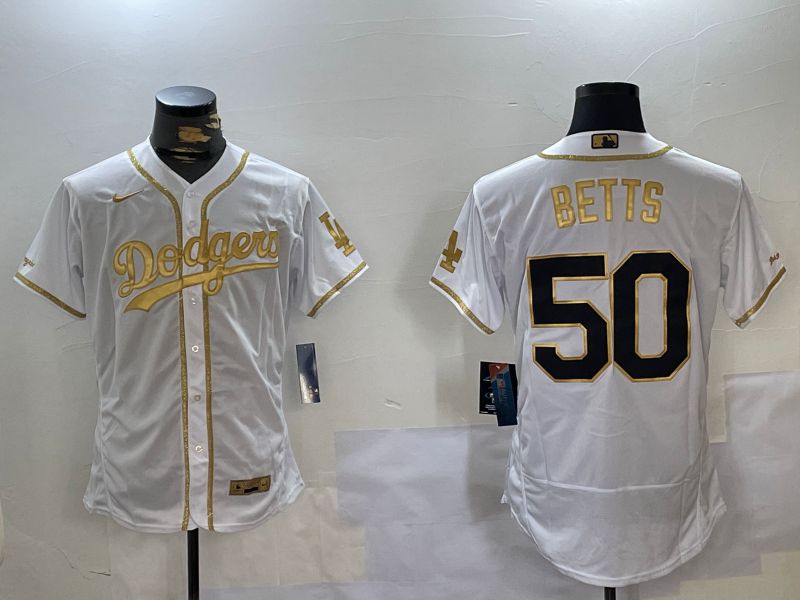 Men Los Angeles Dodgers 50 Betts White Gold Elite 2024 Nike MLB Jersey style 1